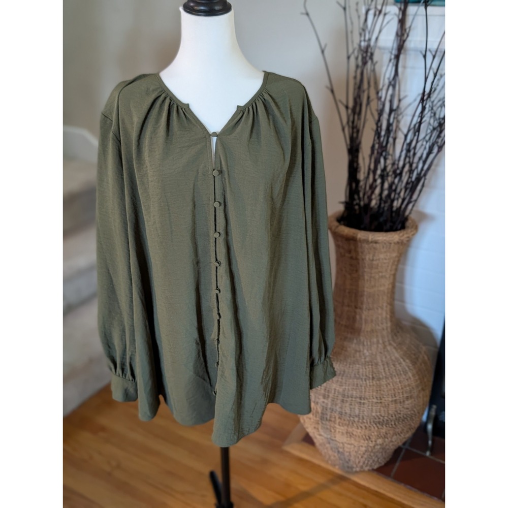 Lagenlook Olive Green Chiffon Peasant Blouse Plus Size 4X Loop Button Top